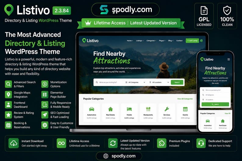 May include: A promotional image for the Listivo WordPress theme. The image shows a laptop and a smartphone displaying the theme's interface. The theme is designed for directory and listing websites, with features like advanced search, Google Maps integration, and monetization options.