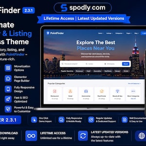 May include: A dark blue promotional image for PointFinder 2.3.1, a WordPress theme for directories and listings. The image shows a laptop and smartphone displaying the theme's interface, with the text "Explore The Best Places Near You."
