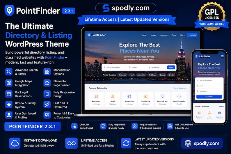 May include: A dark blue promotional image for PointFinder 2.3.1, a WordPress theme for directories and listings. The image shows a laptop and smartphone displaying the theme's interface, with the text "Explore The Best Places Near You."
