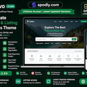 May include: A dark green promotional graphic for the Listivo WordPress theme. The design features a laptop and smartphone displaying the theme's interface, along with icons highlighting features like advanced search, Google Maps integration, and monetization options.