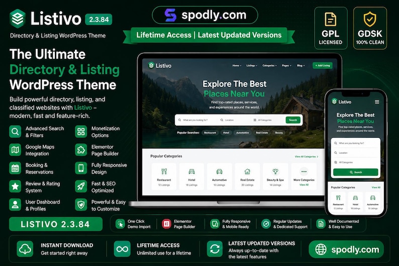 May include: A dark green promotional graphic for the Listivo WordPress theme. The design features a laptop and smartphone displaying the theme's interface, along with icons highlighting features like advanced search, Google Maps integration, and monetization options.