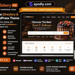 May include: Promotional image for FoodBakery 4.5, a WordPress theme for food directories. The design shows a laptop and smartphone displaying the theme's interface, with the text "Discover The Best Food & Bakeries". The theme offers advanced search, Google Maps, and monetization options.