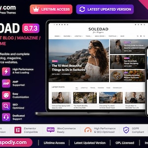 May include: A digital display of the Soledad WordPress theme on a laptop and smartphone. The theme is for blogs and magazines, with features like WooCommerce compatibility and SEO optimization. The website displays the text "The 10 Most Beautiful Things to Do in Santorini."