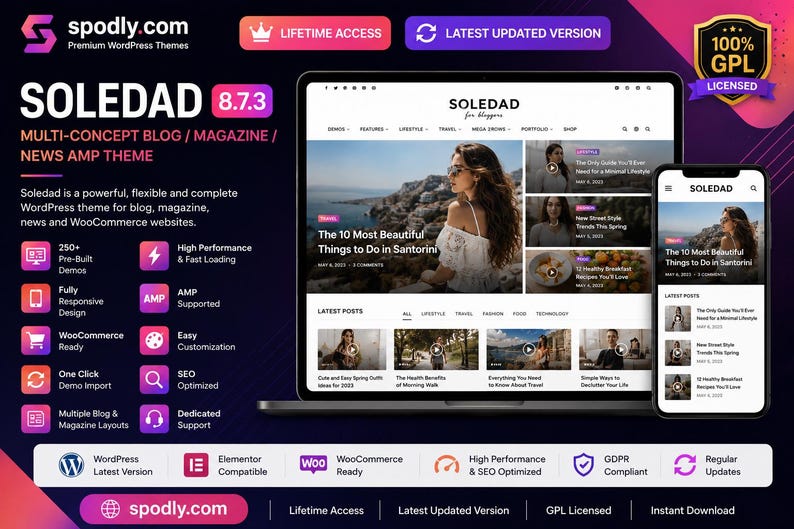 May include: A laptop and smartphone display the Soledad WordPress theme, designed for blogs and magazines. Features include WooCommerce compatibility and SEO optimisation. The website shows the text "The 10 Most Beautiful Things to Do in Santorini."