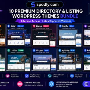May include: An advertisement for a WordPress themes bundle, featuring 10 premium directory and listing themes. The image shows theme interfaces on various devices. Themes include FoodBakery, Listar, Listeo, Listify, ListingEasy, ListingPro, Listivo, Listygo, MyListing, and PointFinder.