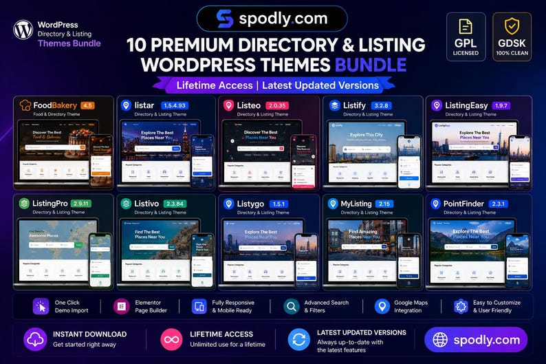 May include: An advertisement for a WordPress themes bundle, featuring 10 premium directory and listing themes. The image shows theme interfaces on various devices. Themes include FoodBakery, Listar, Listeo, Listify, ListingEasy, ListingPro, Listivo, Listygo, MyListing, and PointFinder.