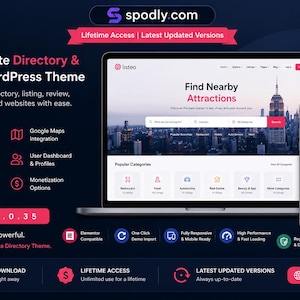 May include: A dark blue promotional image for a WordPress theme called "Listeo" for directory and listing websites. The image shows a laptop and a smartphone displaying the theme's interface, with the text "Find Nearby Attractions" on the laptop screen. The theme's features are listed below.