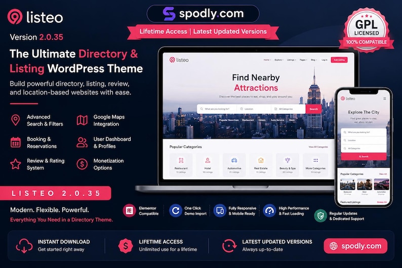 May include: A dark blue promotional image for a WordPress theme called "Listeo" for directory and listing websites. The image shows a laptop and a smartphone displaying the theme's interface, with the text "Find Nearby Attractions" on the laptop screen. The theme's features are listed below.