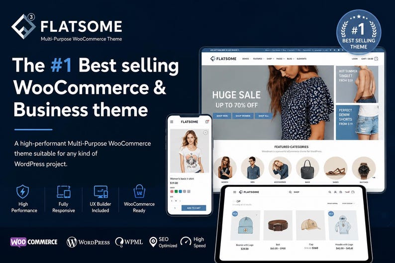 May include: Promotional image for Flatsome, a multi-purpose WooCommerce theme. The image showcases the theme's features on a tablet, smartphone, and laptop, with the text "The #1 Best selling WooCommerce & Business theme".