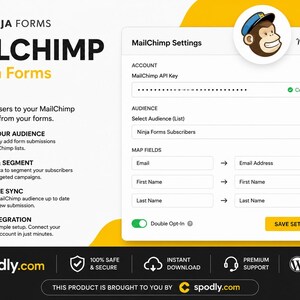 K&ouml;nnte beinhalten: Digitales Interface f&uuml;r die Mailchimp-Integration mit Ninja Forms, mit einem Affenlogo. Die Oberfl&auml;che umfasst Einstellungen f&uuml;r Konto, Zielgruppe und Feldzuordnung sowie Optionen f&uuml;r E-Mail-Marketing und Listenerstellung.