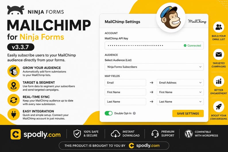 K&ouml;nnte beinhalten: Digitales Interface f&uuml;r die Mailchimp-Integration mit Ninja Forms, mit einem Affenlogo. Die Oberfl&auml;che umfasst Einstellungen f&uuml;r Konto, Zielgruppe und Feldzuordnung sowie Optionen f&uuml;r E-Mail-Marketing und Listenerstellung.