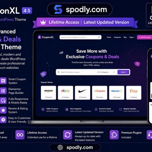 May include: A promotional image for CouponXL, a WordPress theme for coupons and deals. The image displays a laptop and smartphone showcasing the theme's features, including advanced search, multi-store support, and a smart coupon system. The theme offers lifetime access and is designed for creating professional coupon websites.