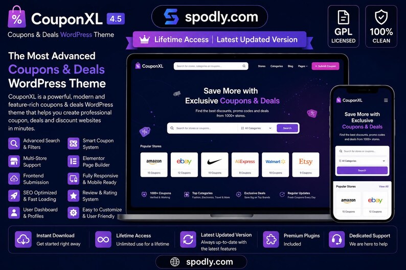 May include: A promotional image for CouponXL, a WordPress theme for coupons and deals. The image displays a laptop and smartphone showcasing the theme's features, including advanced search, multi-store support, and a smart coupon system. The theme offers lifetime access and is designed for creating professional coupon websites.