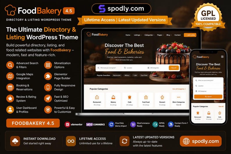 May include: Promotional image for FoodBakery 4.5, a WordPress theme for food-related directories. The design features a laptop and smartphone displaying the theme's interface, with a cake image. Text includes "The Ultimate Directory & Listing WordPress Theme."