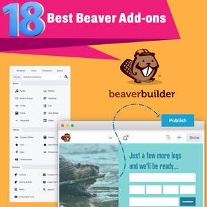 Op de afbeelding: Een oranje en roze afbeelding die "18 Best Beaver Add-ons" promoot. De afbeelding bevat het Beaver Builder-logo, een cartoonbever en een screenshot van een website-interface. De tekst "Just a few more logs and we'll be ready..." is zichtbaar.
