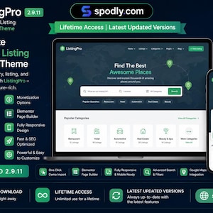 May include: Promotional image for ListingPro, a WordPress theme for directories and listings. The image shows a laptop and smartphone displaying the theme's interface, with icons and text highlighting features like advanced search, Google Maps integration, and Elementor page builder.