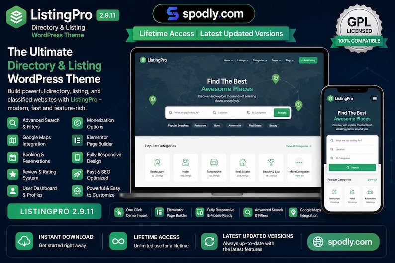 May include: Promotional image for ListingPro, a WordPress theme for directories and listings. The image shows a laptop and smartphone displaying the theme's interface, with icons and text highlighting features like advanced search, Google Maps integration, and Elementor page builder.