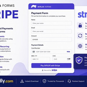 K&ouml;nnte beinhalten: Digitalgrafik, die die Integration von Ninja Forms und Stripe bewirbt. Das Design zeigt ein Zahlungsformular, das Stripe-Logo und Symbole, die sichere Zahlungen, wiederkehrende Zahlungen und globale Zahlungen hervorheben.
