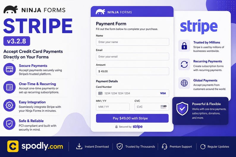 K&ouml;nnte beinhalten: Digitalgrafik, die die Integration von Ninja Forms und Stripe bewirbt. Das Design zeigt ein Zahlungsformular, das Stripe-Logo und Symbole, die sichere Zahlungen, wiederkehrende Zahlungen und globale Zahlungen hervorheben.