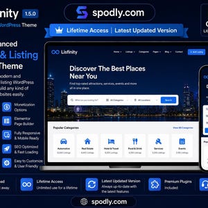 May include: A dark blue promotional image showcasing the Lisfinity WordPress theme. The image features a laptop and smartphone displaying the theme's interface, with icons and text highlighting features like advanced search, Google Maps integration, and user-friendly design.