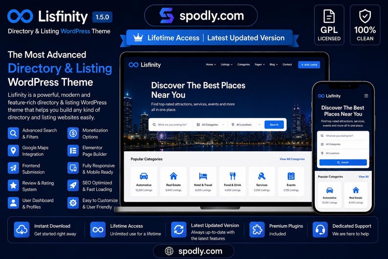 May include: A dark blue promotional image showcasing the Lisfinity WordPress theme. The image features a laptop and smartphone displaying the theme's interface, with icons and text highlighting features like advanced search, Google Maps integration, and user-friendly design.