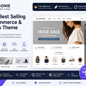 May include: A promotional image for the Flatsome WooCommerce theme. The design showcases a website and mobile app interface with a 'Huge Sale' banner. Features include UX builder, WooCommerce ready, and high performance.