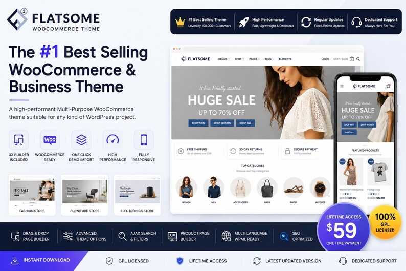 May include: A promotional image for the Flatsome WooCommerce theme. The design showcases a website and mobile app interface with a 'Huge Sale' banner. Features include UX builder, WooCommerce ready, and high performance.