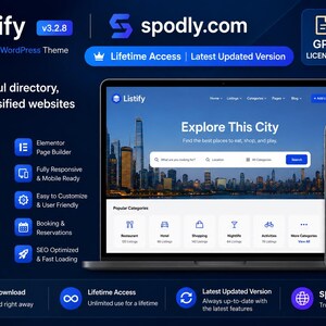 May include: A promotional image for the Listify WordPress theme, showcasing its features on a laptop and smartphone. The theme is designed for directory and listing websites, with a focus on search, maps, and user profiles. The image includes the text "Explore This City."