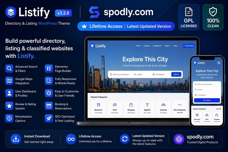 May include: A promotional image for the Listify WordPress theme, showcasing its features on a laptop and smartphone. The theme is designed for directory and listing websites, with a focus on search, maps, and user profiles. The image includes the text "Explore This City."