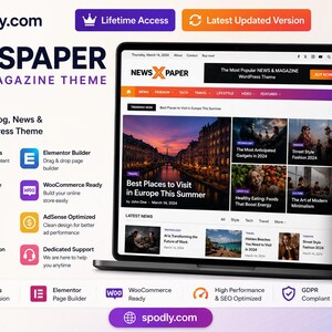 Op de afbeelding: Advertentie voor een website thema genaamd "Newspaper", weergegeven op een laptop en smartphone. Het thema biedt functies zoals voorgebouwde websites, een Elementor builder en WooCommerce compatibiliteit. Het is geoptimaliseerd voor snelheid en SEO.