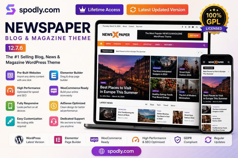 Op de afbeelding: Advertentie voor een website thema genaamd "Newspaper", weergegeven op een laptop en smartphone. Het thema biedt functies zoals voorgebouwde websites, een Elementor builder en WooCommerce compatibiliteit. Het is geoptimaliseerd voor snelheid en SEO.