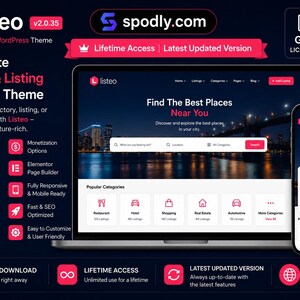 May include: A dark blue promotional image showcasing the "Listeo" WordPress theme for directory and listing websites. The image features a laptop and smartphone displaying the theme's interface, along with icons and text highlighting its features and the "spodly.com" logo.