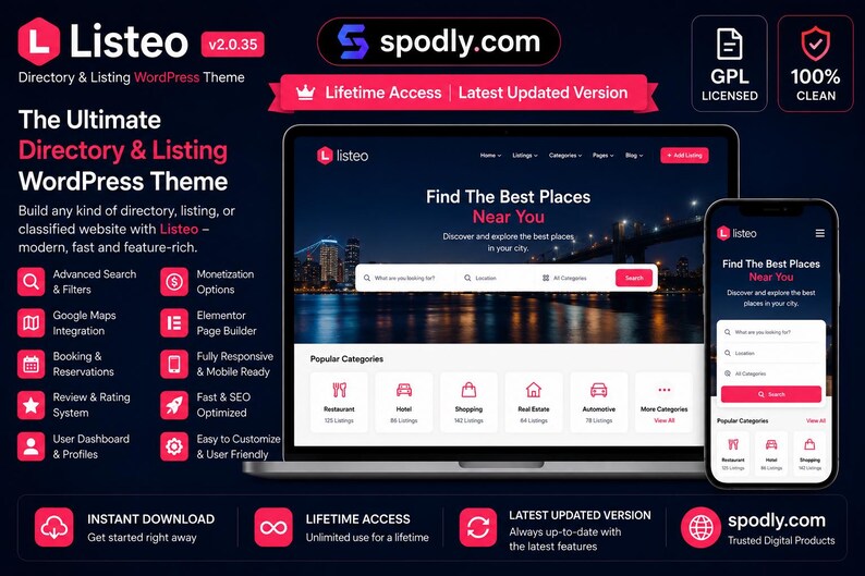 May include: A dark blue promotional image showcasing the "Listeo" WordPress theme for directory and listing websites. The image features a laptop and smartphone displaying the theme's interface, along with icons and text highlighting its features and the "spodly.com" logo.