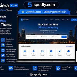 May include: A digital display of a classified ads WordPress theme, showcasing a website interface on a laptop and smartphone. The theme, "Classiera," offers features like advanced search, monetization options, and mobile responsiveness. The interface displays options to buy, sell, or rent.