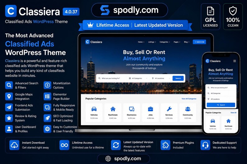 May include: A digital display of a classified ads WordPress theme, showcasing a website interface on a laptop and smartphone. The theme, "Classiera," offers features like advanced search, monetization options, and mobile responsiveness. The interface displays options to buy, sell, or rent.