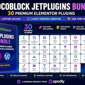Puede incluir: Imagen promocional de Crocoblock JetPlugins Bundle, con 30 plugins premium de Elementor. La imagen incluye el nombre del producto, una lista de plugins e iconos que indican características como acceso de por vida y fácil instalación.