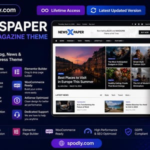 Op de afbeelding: Een digitale mockup van een website- en mobiele app-interface, met een WordPress-thema voor nieuws en tijdschriften. Het ontwerp bevat artikelen met afbeeldingen, koppen en de tekst "Best Places to Visit in Europe This Summer."