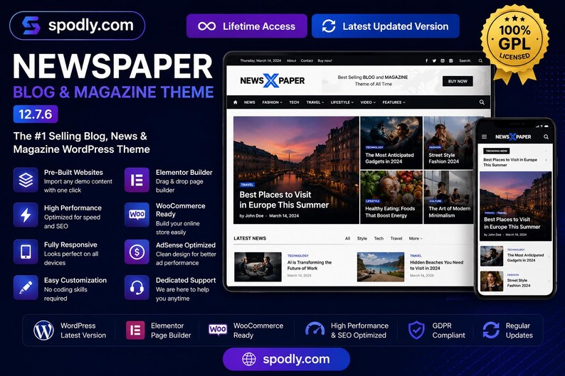 Op de afbeelding: Een digitale mockup van een website- en mobiele app-interface, met een WordPress-thema voor nieuws en tijdschriften. Het ontwerp bevat artikelen met afbeeldingen, koppen en de tekst "Best Places to Visit in Europe This Summer."