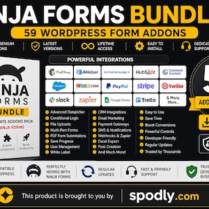 K&ouml;nnte beinhalten: Werbebild f&uuml;r das Ninja Forms Bundle mit 59 WordPress-Formular-Add-ons. Das Design zeigt eine wei&szlig;e Box mit Produktname und Logo, sowie Icons und Text, die Funktionen wie lebenslangen Zugriff und leistungsstarke Integrationen hervorheben.