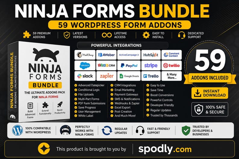 K&ouml;nnte beinhalten: Werbebild f&uuml;r das Ninja Forms Bundle mit 59 WordPress-Formular-Add-ons. Das Design zeigt eine wei&szlig;e Box mit Produktname und Logo, sowie Icons und Text, die Funktionen wie lebenslangen Zugriff und leistungsstarke Integrationen hervorheben.