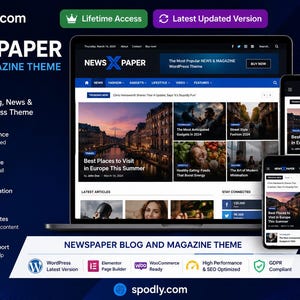 Op de afbeelding: Een website thema genaamd "NEWSPAPER" weergegeven op een laptop, tablet en smartphone. Het thema is voor blogs en tijdschriften, met een blauw en wit ontwerp. De tekst bevat "Best Places to Visit in Europe This Summer."