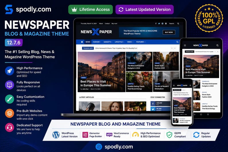 Op de afbeelding: Een website thema genaamd "NEWSPAPER" weergegeven op een laptop, tablet en smartphone. Het thema is voor blogs en tijdschriften, met een blauw en wit ontwerp. De tekst bevat "Best Places to Visit in Europe This Summer."