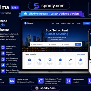 May include: A digital display of a classified ads WordPress theme, Classima, on a laptop and smartphone. The theme features a dark blue interface with white text, showcasing categories like vehicles and real estate. The image also displays the website's logo and promotional text.