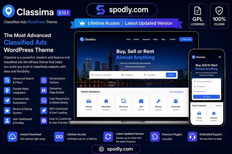 May include: A digital display of a classified ads WordPress theme, Classima, on a laptop and smartphone. The theme features a dark blue interface with white text, showcasing categories like vehicles and real estate. The image also displays the website's logo and promotional text.