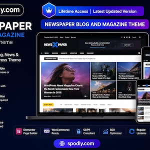 Op de afbeelding: Een digitale weergave van een WordPress-thema voor blogs en tijdschriften, getiteld "NEWSPAPER". Het thema wordt weergegeven op een laptop, tablet en smartphone, waarbij de inhoud van de website op elk apparaat zichtbaar is. Het thema is ontworpen voor nieuws- en tijdschriftwebsites.