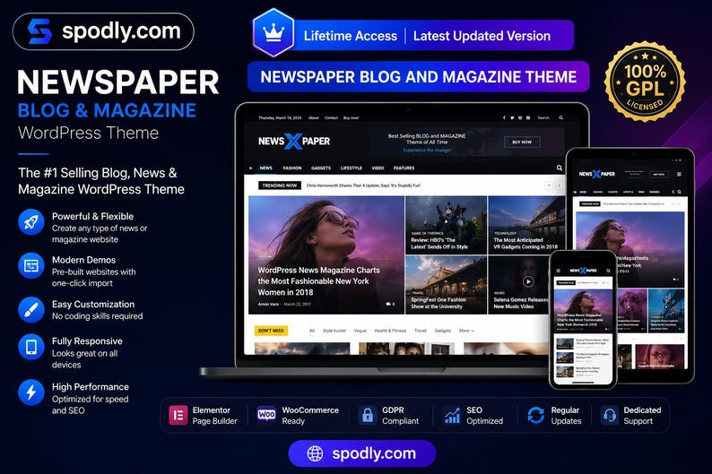 Op de afbeelding: Een digitale weergave van een WordPress-thema voor blogs en tijdschriften, getiteld "NEWSPAPER". Het thema wordt weergegeven op een laptop, tablet en smartphone, waarbij de inhoud van de website op elk apparaat zichtbaar is. Het thema is ontworpen voor nieuws- en tijdschriftwebsites.