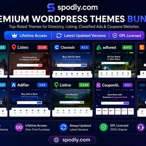 May include: A promotional image for Spodly.com, showcasing a premium WordPress themes bundle. The graphic features ten different website theme previews, including Listify, Listeo, and Classiads. The image highlights features like lifetime access and updated versions.