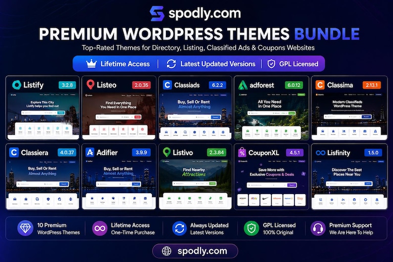 May include: A promotional image for Spodly.com, showcasing a premium WordPress themes bundle. The graphic features ten different website theme previews, including Listify, Listeo, and Classiads. The image highlights features like lifetime access and updated versions.