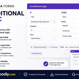 K&ouml;nnte beinhalten: Digitalgrafik, die "Ninja Forms Conditional Logic" mit einem Ninja-Symbol bewirbt. Das Design weist ein lila-wei&szlig;es Farbschema auf und zeigt Funktionen zur Formularerstellung wie "Felder ein- oder ausblenden" und "Erweiterte Logikregeln".