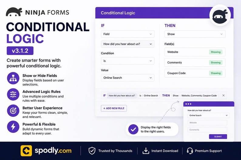 K&ouml;nnte beinhalten: Digitalgrafik, die "Ninja Forms Conditional Logic" mit einem Ninja-Symbol bewirbt. Das Design weist ein lila-wei&szlig;es Farbschema auf und zeigt Funktionen zur Formularerstellung wie "Felder ein- oder ausblenden" und "Erweiterte Logikregeln".